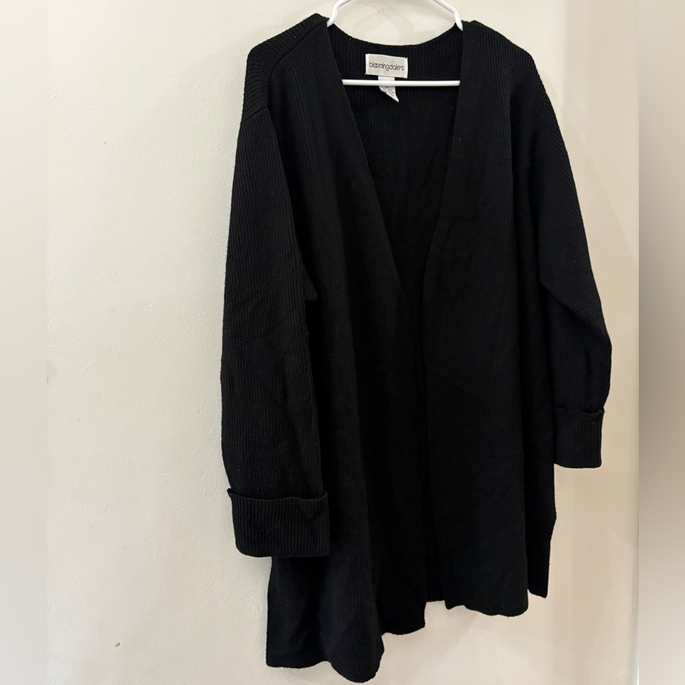 Bloomingdale’s women’s 2X black 100% wool open cardigan - long length